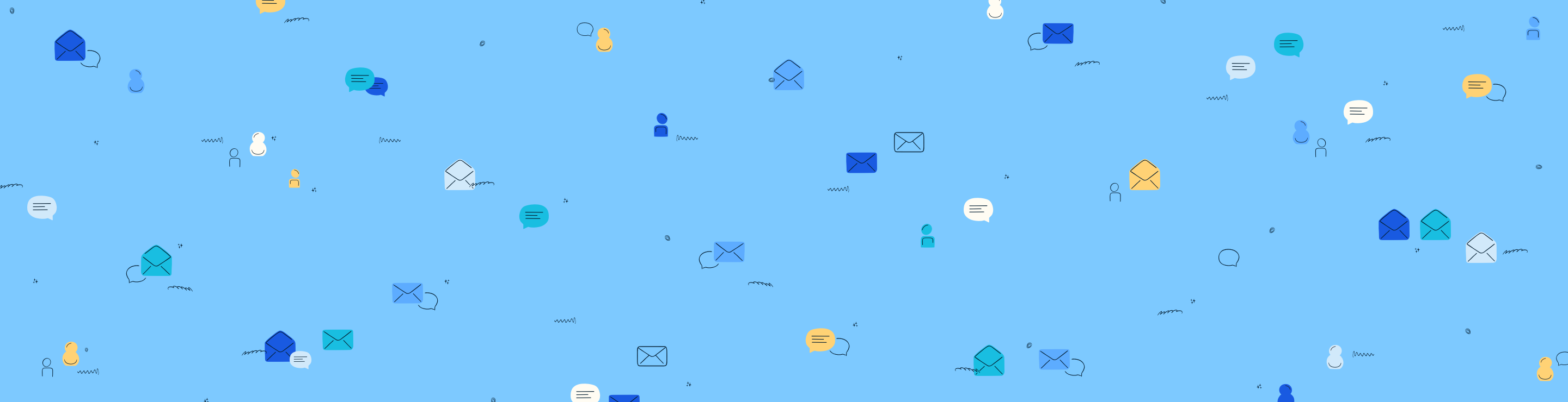 tiled pattern of whimsical envelope, chat bubble and avatar illustrations