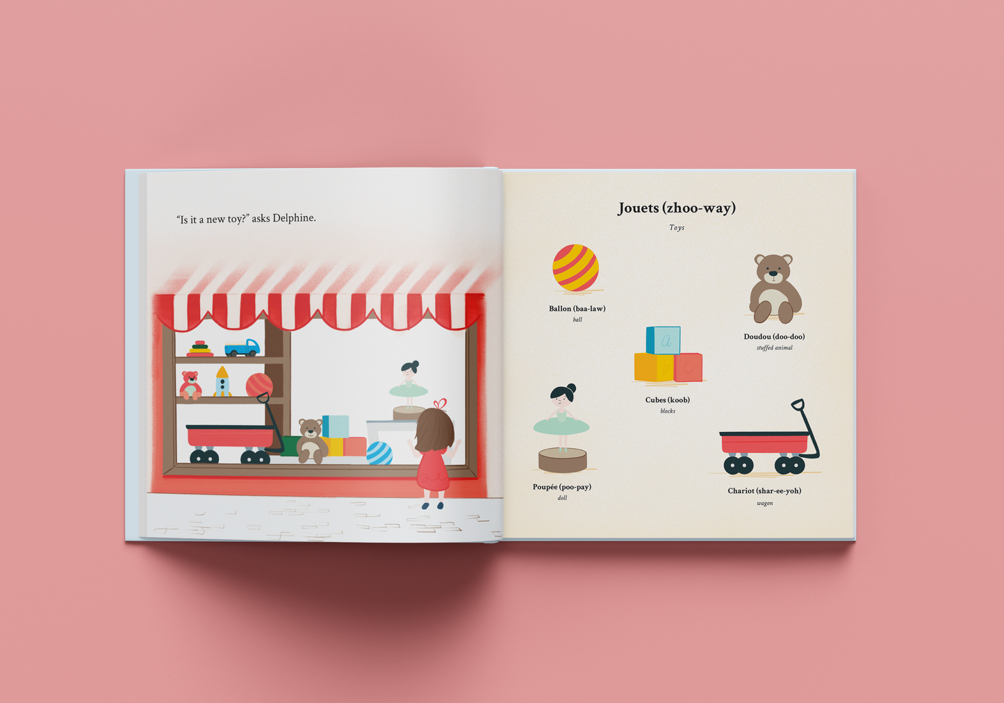 book open to a spread with a toy store scene and toys accompanied with labels in french and english with french pronunciations