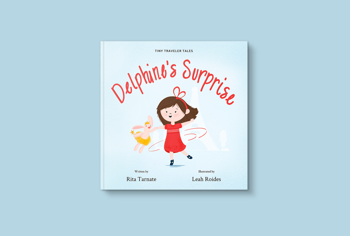 book cover of Delphine's Surprise with a girl in a red dress twirling with her bunny on a blue background