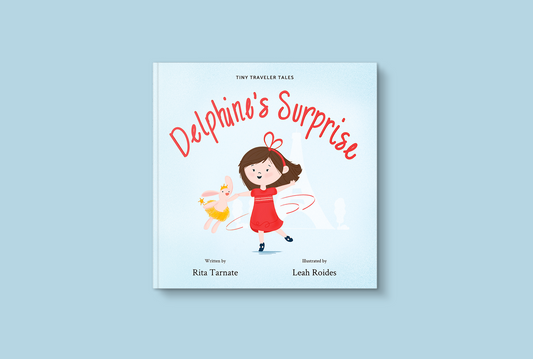 book cover of Delphine's Surprise with a girl in a red dress twirling with her bunny on a blue background